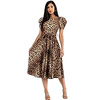 Puff Sleeve Leopard Print Cocktail Dress, Size 1X Brown