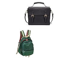 DORIS&JACKY large capacity green backpack+ vintage leather briefcase black