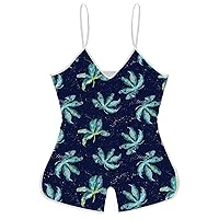 Indigo Monstera Funny Slip Jumpsuits One Piece Romper for Women Sleeveless with Adjustable Strap Sexy Shorts