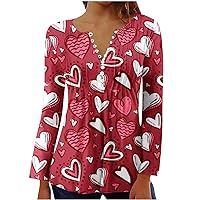 Valentine Day Henley Shirt for Women Pleated Front Long Sleeve Button Tunic Tops Love Heart Graphic Casual Blouses