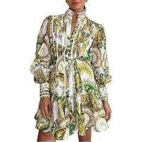 Women's Bohemian Floral Print Button Down Long Lantern Sleeve Shift Tunic Dress Casual Ruffle Swing Mini Dress