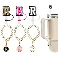 （3 +3) 3PCS Nuozme Straw Cover 10mm For Stanley Tumbler Cup Reusable Straw Cap Topper with 3 Initial Letter Charms Accessories Personalized Handle Charm For Stanley 30&40 Oz Cup Tumbler (R)