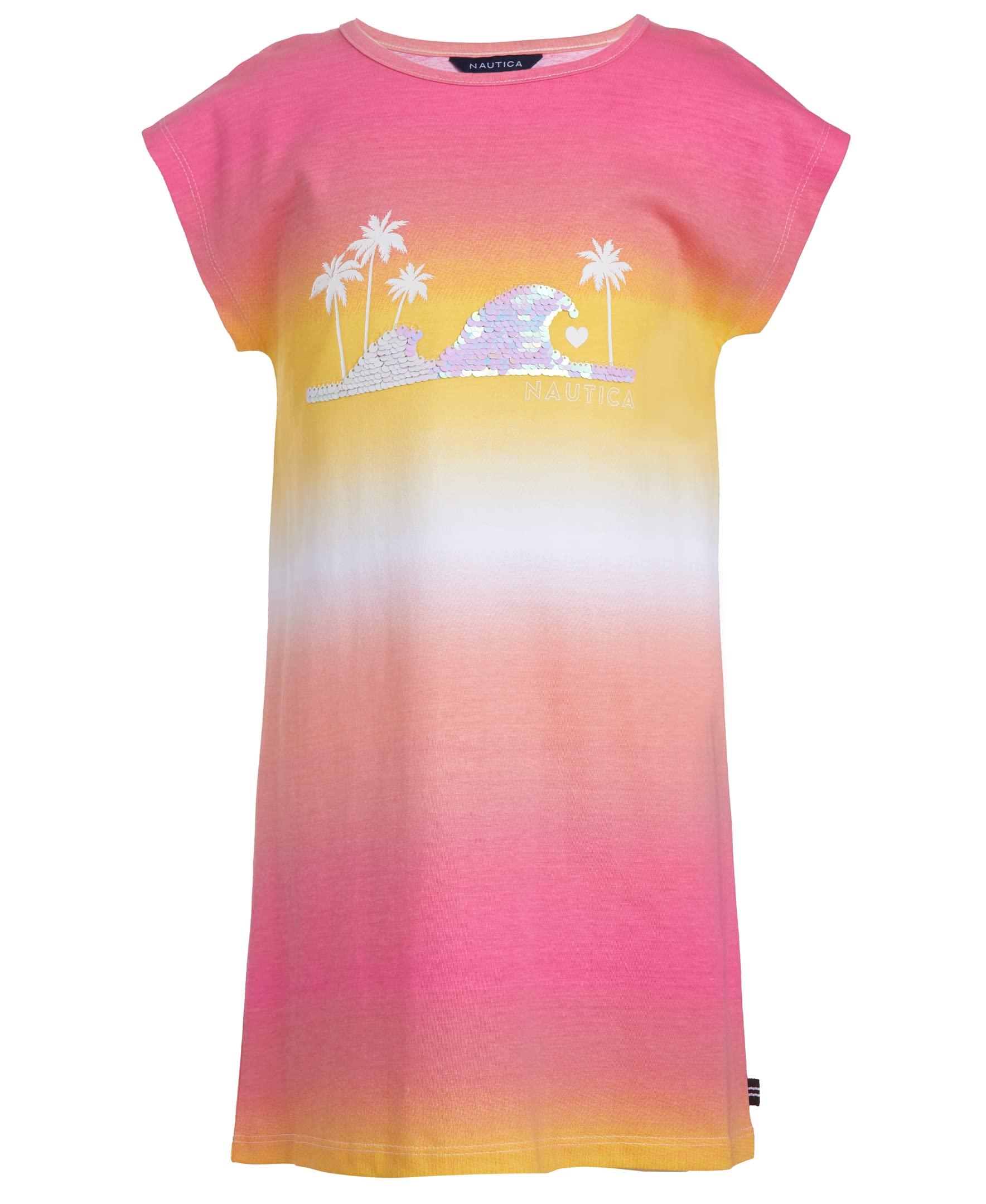 Nautica Girls' Short Sleeve Jersey Tee Dress with Elastic Cinched Waist, Fun Designs & Colors, Pink Carnation Wave, 6X