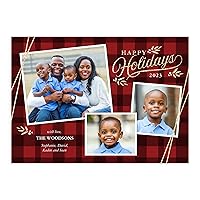 Let's Make Memories Personalized Red Flannel Trio Holiday Photo Card 5x7 Premium Quality (Happy New Year Cards & White Envelopes) - 50 ct