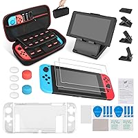 Keten 13 in 1 Accessory Starter Kit for NS Switch include Portable Carrying Case/Dockable Clear Cover Shell/Adjustable Stand/Glass Tempered Screen Protector (2 Packs)
