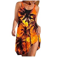 Hawaiian Dresses for Women Ocean Coconut Palm Trees Sunset 3D Graphic Print Beach Sundress Summer Sleeveless Tank Mini Dress