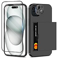 SAMONPOW 4-in-1 for iPhone 15 Case Wallet with Screen Protector & Camera Cover Full Body Hybrid iPhone 15 Case with Card Holder Shockproof Protective Phone Case for iPhone 15 for Women Men, Black