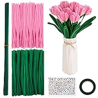 TXIN 400 Pieces Pipe Cleaners Craft Chenille Stems Flower Craft Kit DIY Tulip Bouquet Making Kit with 60 Flower Poles and 3 Tape for Crafts Decorations Creative School Projects,Pink