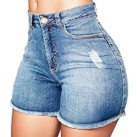 Women High Waisted Denim Shorts Sexy Slim Fit Short Jeans Trendy Raw Hem Summer Shorts Stretchy Butt Lift Jean Pants