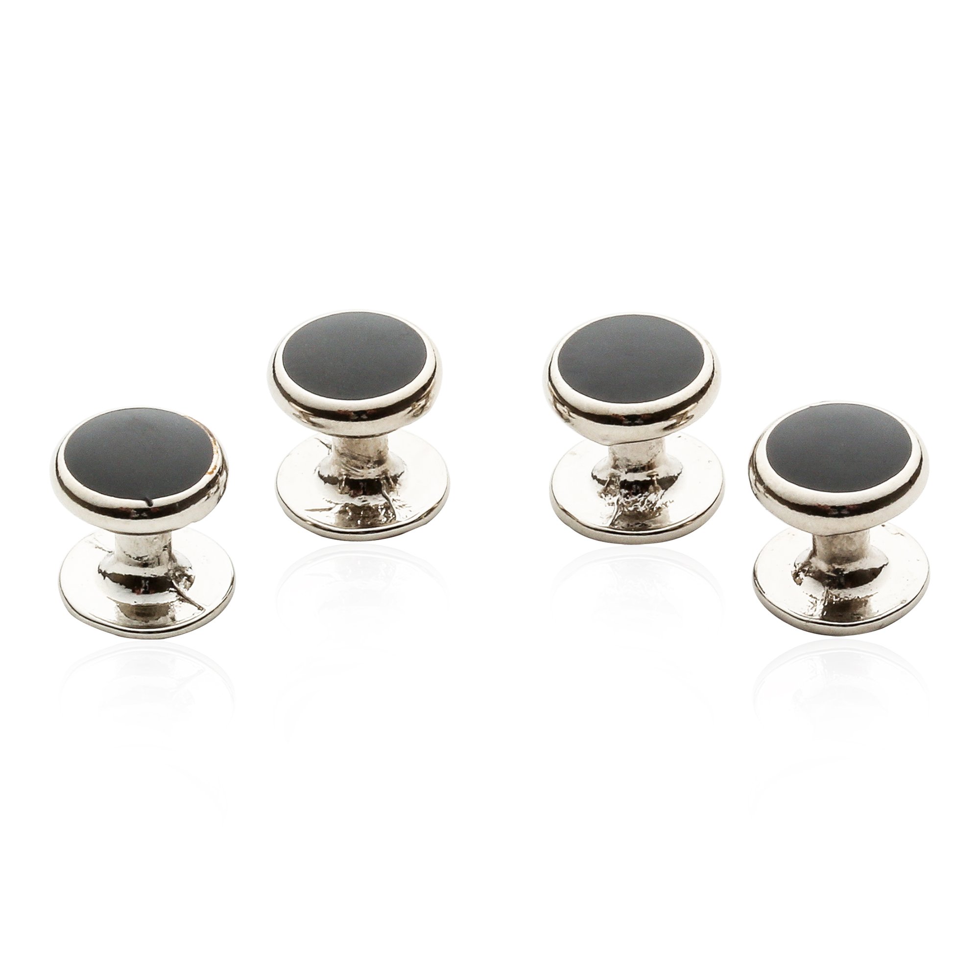 Cuff-Daddy Silver Black Enamel Shirt Studs Set for Tuxedo Wedding Party and Groomsmen in Velour Pouch