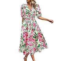 Deals of The Day Clearance Prime, Midi Wrap Dress for Women, Womens Sundresses Summer Casual, Floral, 2024 Short Sleeve Bohemian Print V Neck Smocked A Line Long Dresses (L, Pink)