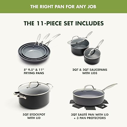 GreenPan Valencia Pro Hard Anodized Healthy Ceramic Nonstick 11 Piece Cookware Pots and Pans Set, PFAS-Free, Induction, Dishwasher Safe, Oven Safe, Gray