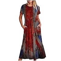 Women's 4th of July Maxi Dress American Flag Short Sleeve Dresses Summer Holiday Outfits Patriotic Dress with Pocket