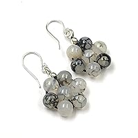 Dragon Vein Agate Gemstone 8mm Round Beaded 925 Sterling Silver Jewelry Earring, Stylish Earring For Her, Fine Jewelry, Drop & Dangle Earring, Sterling Silver, dragon vein agate
