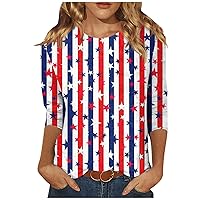 Fourth of July Outfit Women Flag Day Crewneck 3/4 Sleeve Shirts for Women Flag Day Casual 2024 Trendy Tops