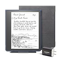 Kindle Scribe Essentials Bundle including Kindle Scribe (32 GB), Premium Pen, Brush Print Leather Folio Cover with Magnetic Attach - Tungsten, and Power Adapter