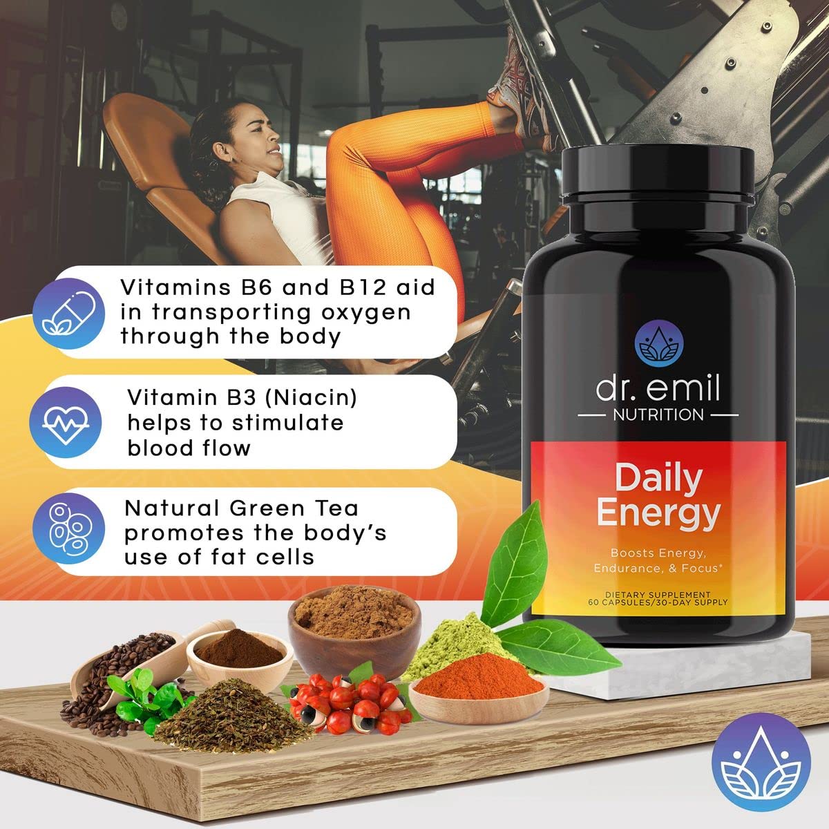 DR EMIL NUTRITION Daily Energy Supplement - Sugar Free Energy Pills with 160mg Caffeine Per Serving - Energy Booster & Focus Supplement with Guarana Extract, L-Taurine & L-Theanine
