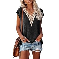 Women's Casual Cap Sleeve Lace Trim V Neck Tops 2024 Summer Loose Tee Shirts Blous