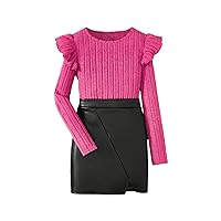 WDIRARA Girl's 2 Piece Outfits Ruffle Trim Top Ribbed Knit Round Neck Tee and Split Hem PU Leather Skirt