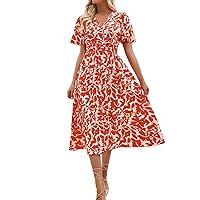 Summer Dresses for Women 2024 Long Slit,Women's Midi Dress Short Sleeve Shirred Bodice Floral Dress for Fall Pa