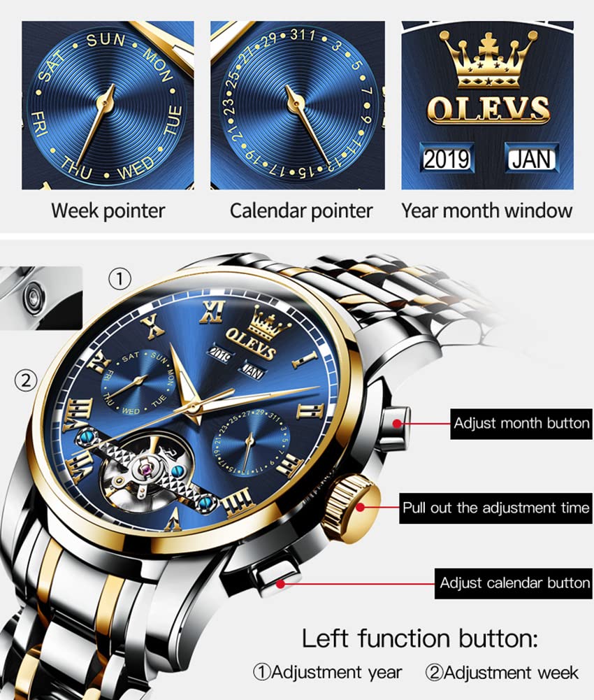OLEVS Automatic Watch for Men Self Winding Mechanical Luxury Business Stainless Steel Multi Calendar Waterproof Luminous Wrist Watches Blue