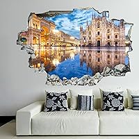 Italy Duomo Milan Reflection Puddle Street Arch Wall Decal Landscape 3D Break Through Wall Sticker Removable Funny Wall Art Decal Christmas Home Decor Vinyl Mural for Boy Kids Room Living Room