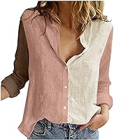 Womens Cotton Linen Long Sleeve Shirts Casual Button Down Blouse Tops Fashion Color Block Shirt Office Work Blouses