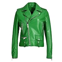 Women's Street Racer Green Sheepskin Biker Jacket Genuine Leather, Slim Fit, and Asymmetric Design