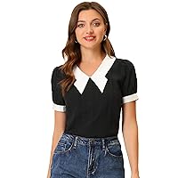Allegra K Short Sleeve Top for Women's Bow Tie Contrast Color Textured Blouse