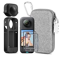 7in1 Compatible with Insta360 X3 Accessories Kit[Silicone Camera Case Cover and Lens Cap][2Pcs 3D Screen Protector Film][Carrying Case Bag with Auto Locking Carabiner and Anti-loss Lock]