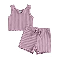 Kupretty Baby Girl Clothes Summer Toddler Outfit Ruffle Rib Knit Ruffle Vest Tank Tops & Shorts Cute Clothing Sets