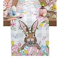 Easter Bunny Table Runner 60 Inches Long for Dining Table, Washable Cotton Linen Farmhouse Table Runners Dresser Scarf for Kitchen Party Holiday Gray Buffalo Plaid Spring Floral Easter Egg