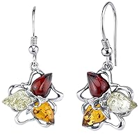 Peora Genuine Baltic Amber Star Leaf Earrings for Women 925 Sterling Silver, Rich Cherry Red, Cognac and Light Yellow Color, Fishhooks