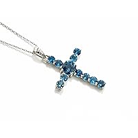 7 MM Round Natural London Blue Topaz Holy Cross Pendant Necklace 925 Sterling Silver December Birthstone Blue Topaz Jewelry Love and Friendship Gift (PD-8454)