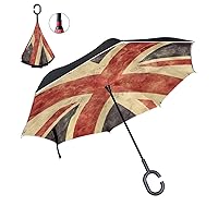 ALAZA Inverted Golf Umbrella United Kingdom Union Jack Grunge Flag UV Anti Waterproof Windproof Reverse Folding Umbrellas with C-Shape Handle for Car Outdoor Travel