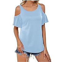 Women's Summer Cold Shoulder Tops Loose V Neck Short Sleeve Blouses Solid Color Dressy Elegant Ruffle Sleeve Shirts Light Blue