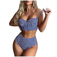 Plus Size Summer Shirts for Women, Women's Plaid Swimsuit with Chest Pad Push Up 2 Piece Tank Top, S XXXXL