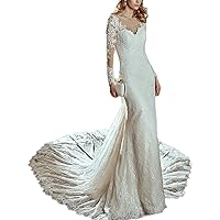 O Neck Custom Long Sleeve Mermaid Lace Wedding Dress Bride Gown with Long Train
