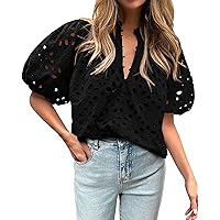 BTFBM Women's Casual Summer Blouse Tops Hollow Out Eyelet Embroidery V Neck Buttons Puff Short Sleeve Dressy Boho Shirt