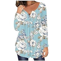 Womens Floral Print Tunic Tops Fall Fashion Long Sleeve T Shirts Casual Dressy Henley Tee Trendy Blouses for Leggings