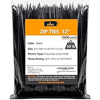 ALBO Zip Ties Black 12 Inch 1000 Pack 50 lb, Long Plastic Cable Ties Thick 0.19 Inch Tie Wraps Heavy Duty UV Resistant Nylon Wire Ties for Indoor and Outdoor
