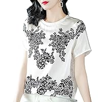 LUAN Silk Blouses for Women, 100% Mulberry Silk T-Shirt Printed Short Sleeve Tops, White