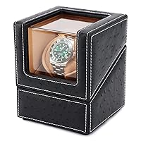Automatic Single Watch Winder for Rolex and Other Luxury Watches - Automatic Winder with Quiet Motor, Premium Black Ostrich Leather Exterior and Soft Flexible Watch Pillows of Camel Velvet