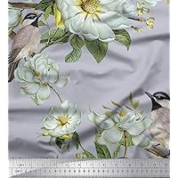 Soimoi Silk Gray Fabric - by The Yard - 42 Inch Wide - Leaves, White Floral & Bird Textile - Botanical Harmony with Elegant Florals and Whimsical Birds Printed Fabric