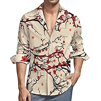 Japanese Style Cherry Blossom Men's Loose Fit Long Sleeve Shirt Button-Up Casual Shirts