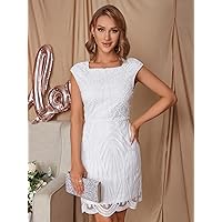 Women's Dress Square Neck Scallop Hem Lace Overlay Dress Dress (Color : White, Size : Medium)