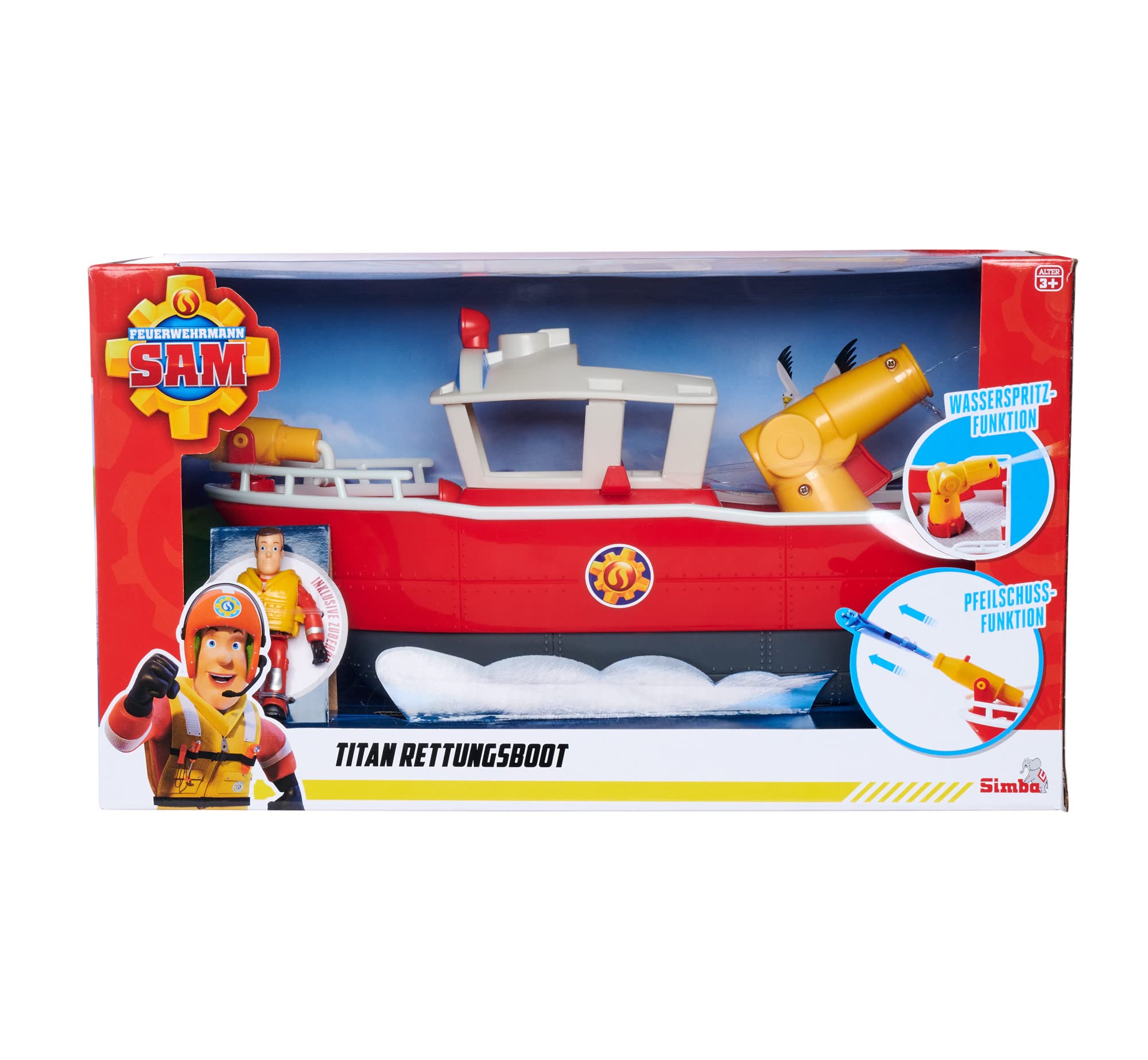 Simba 109252580 - Firefighter Sam Fire Boat Titan 32 cm Floating Toy Boat, from 3 Years, You can Play with it Both on Land and in Water, Bath Toy with Firefighter Figure, Red