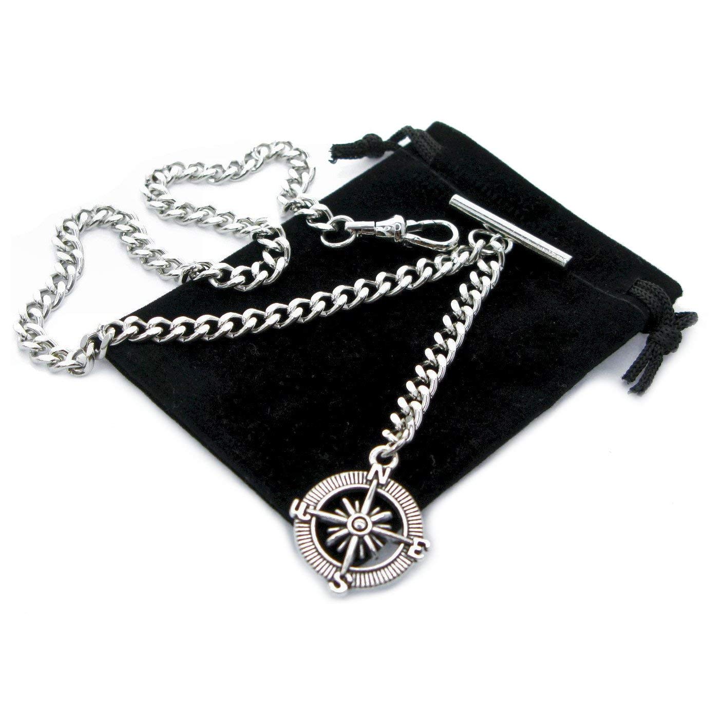 Albert Chain Silver Color Pocket Watch Chains for Men with Compass Design Charm Fob Swivel Claap T Bar AC55
