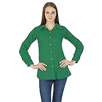 Casual Long Sleeves Boho Top for Women Shirt Collar Solid Summer Cotton Tunic Tops Green
