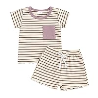 Toddler Baby Girl Boy Summer Shorts Outfit Lettuce Trim Short Sleeve T-shirt And Shorts 2 Piece Striped Clothes Set